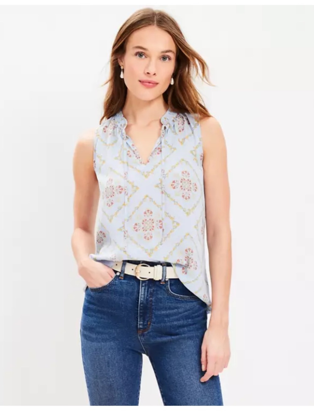 LOFT Light Blue Tuilerie Shirred Tie Neck Mixed Media Shell